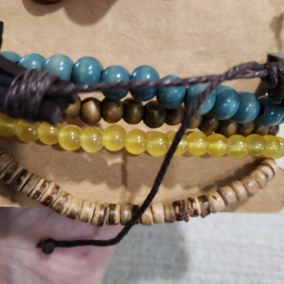 Nwt Unisex Multicolor Beaded & Leather Bracelet Set with Eye Charm - Picture 3 of 3